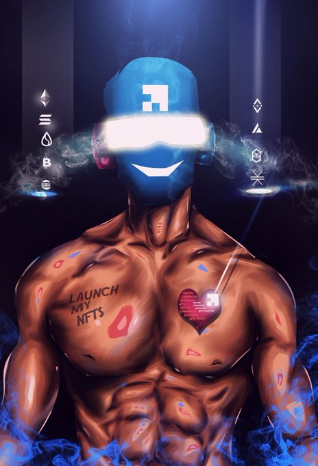 Digital artwork of a muscular figure wearing a blue NFT-themed helmet with a glowing visor, featuring 'LAUNCH MY NFTS' text on the chest and Ethereum/cryptocurrency symbols floating around them.