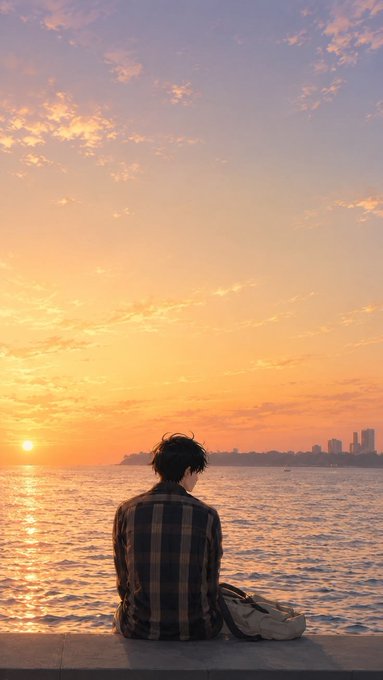 A person in a plaid shirt sits on a wall watching a vibrant orange sunset over the ocean, with a city skyline visible in the distance and a bag beside them.