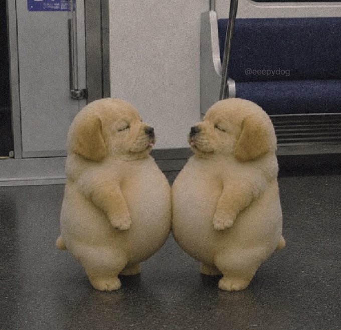 Two adorable Labrador puppies stand on their hind legs facing each other on what appears to be a train floor, with a watermark reading "@eepydog".