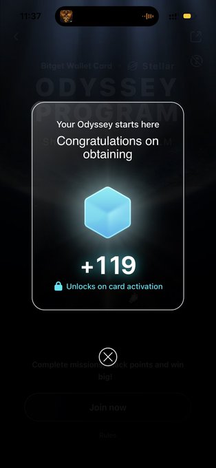 The image shows a phone screen displaying an app called "Odyssey" with a blue cube icon, along with text that congratulates users on their achievements and encourages them to continue playing. The app has already been used by two players, and there are three more players waiting for their turn. The post also mentions the use of Bitget Wallet and the feeling of usefulness in real life due to the app's functionality within the gaming world.