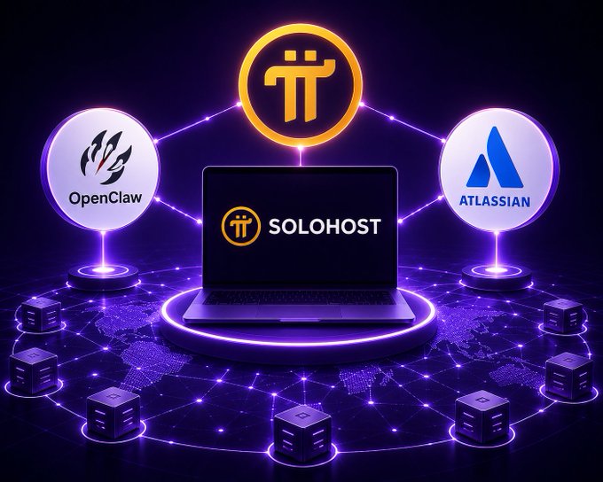 A stylized tech graphic shows a central laptop displaying the 'SOLOHOST' logo connected by glowing purple lines to 'OpenClaw' and 'ATLASSIAN' logos, all set against a digital world map background.