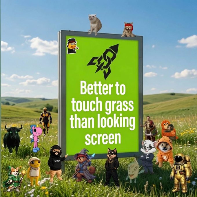 A digital meme featuring a green sign that reads "Better to touch grass than looking screen," surrounded by various cartoon characters and animals in a grassy field.