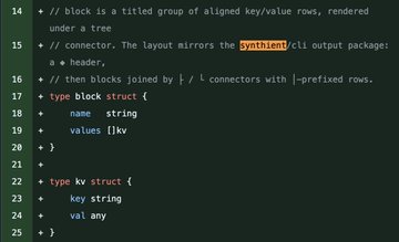 The image shows Go code defining structs `block` and `kv`, which are part of a syntribium package for rendering key/value rows as tree blocks with connectors—likely part of an open-source project by developer "Ben" (@deobfuscately).