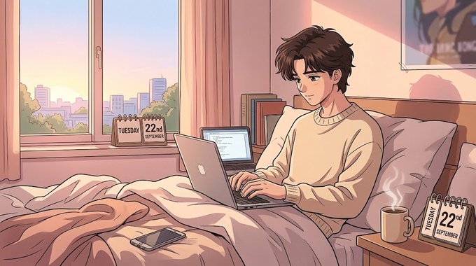 An anime-style illustration of a young man with brown hair sitting on a bed working on a laptop, with calendars showing 'Tuesday 22nd September' visible on the windowsill and nightstand.