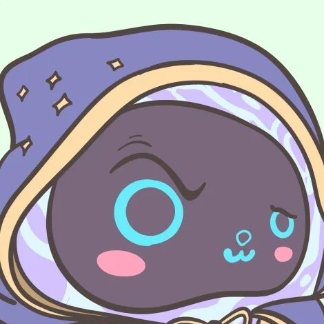 Close-up cartoon illustration of a character in a purple hooded robe decorated with stars, featuring a blue circular eye and pink cheek blush.
