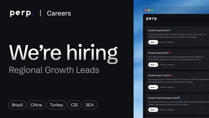 A careers webpage for 'perp.' announces 'We're hiring' Regional Growth Leads, listing positions for Brazil, China, Turkey, CIS, and SEA markets.