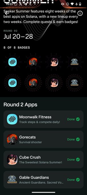 The screenshot shows a "Seeker Summer" app campaign on Solana Mobile's platform, displaying Round 2 (Jul 20-28) with 8 of 8 badges completed across apps like Moonwalk Fitness, Gorecats, Cube Crush, and Gable Guardians. This aligns with the post's "Mission Completed" caption, as all 8 badges for Round 2's featured apps have been successfully earned.