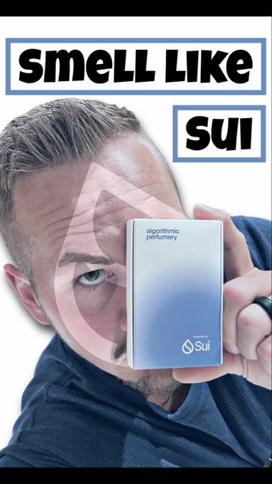 An advertisement graphic with the text 'smell like sui' showing a man holding a 'Sui' branded 'algorithmic perfumery' product box over his face, with a Sui logo watermark.