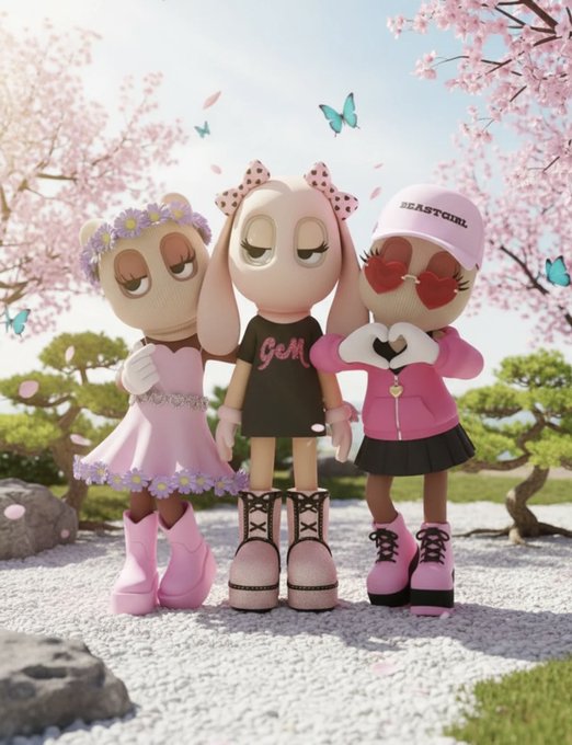 Three stylized doll figurines with large eyes stand in a Japanese garden with cherry blossoms and butterflies; one wears a pink dress, one a 'GeM' shirt with a bow, and one a pink 'BEASTGIRL' cap making a heart shape.