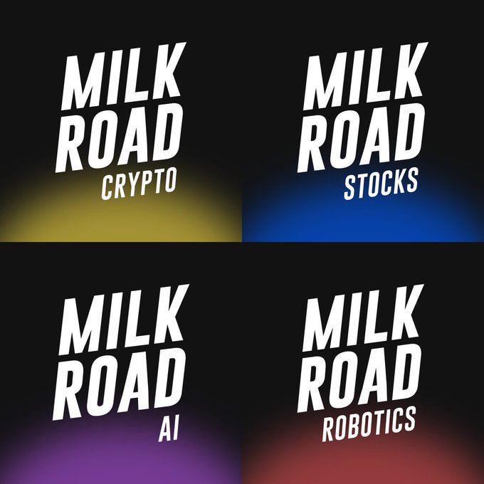 Four bold "Milk Road" logos are displayed in a 2x2 grid on black backgrounds, each with a different colored gradient glow (yellow, blue, purple, red) and labeled with their focus areas: "CRYPTO," "STOCKS," "AI," and "ROBOTICS." The image showcases the diverse subscription tiers of Milk Road PRO, supporting the post's pitch to lock in today's lower pricing before costs increase.