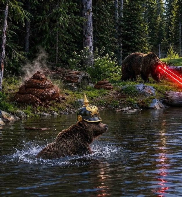 The image shows two bears, one brown bear wearing a helmet with a yellow crown and red laser beams, and another bear standing nearby. They are both located near a body of water surrounded by trees. The caption "HIKING THE MARKETS" suggests that this scene might be related to hiking or exploring the outdoors in general.