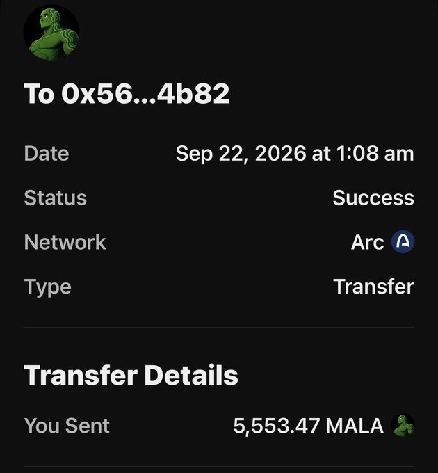 Cryptocurrency transaction receipt showing a successful transfer of 5,553.47 MALA tokens on the Arc network to address 0x56...4b82 on Sep 22, 2026 at 1:08 am.