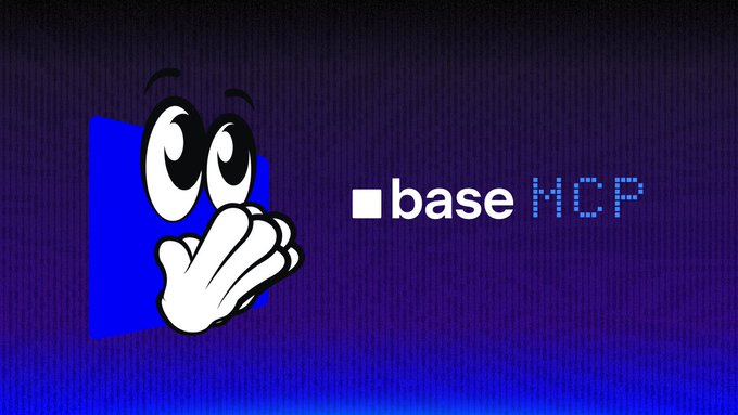 The image features a blue square mascot character with large expressive eyes and a white glove held to its face, alongside the "base MCP" logo in white and pixelated blue text on a dark purple background. This visual reinforces the post's message about Base MCP simplifying what previously required custom integrations, presenting the mascot in a surprised or "aha" pose to symbolize the newfound ease of agent interactions with wallets and DeFi.