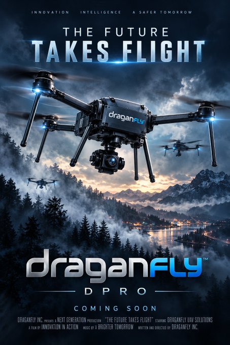 A movie poster titled "THE FUTURE TAKES FLIGHT" advertising "draganfly PRO" with the tagline "INNOVATION INTELLIGENCE A SAFER TOMORROW," featuring drones flying over a mountainous landscape at dusk.