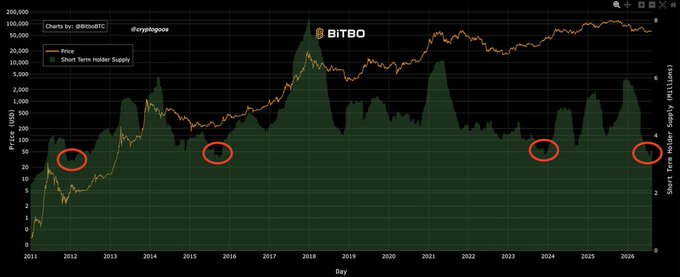 A Bitbo chart tracks Bitcoin's price (USD) against Short Term Holder Supply (Millions) from 2011 to 2026, with four red circles highlighting historically low capitulation levels—around 2012, 2015, 2023, and late 2024—supporting the claim that short-term holder capitulation has only occurred a few times and preceded major price recoveries.