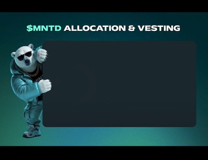 A promotional graphic titled "$MNTD ALLOCATION & VESTING" featuring a cartoon panda wearing sunglasses and a blue tracksuit standing next to a dark empty panel.
