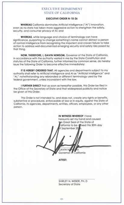 Executive Order N-10-26 from the State of California, issued by Governor Gavin Newsom on September 30, 2025, addressing artificial intelligence terminology and safety.