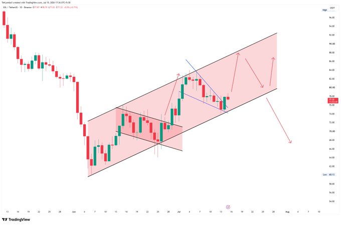 This image shows a Solana (SOL) USDT chart with a predicted price rally towards the 88-90 zone, suggesting a potential bullish continuation within the ascending channel. The chart displays candlestick patterns and trend lines, supporting the post's price prediction.