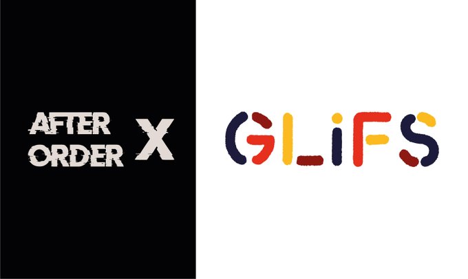 A split logo image showing 'AFTER ORDER X' in white text on a black background on the left, and 'GLIFS' in colorful letters on a white background on the right.