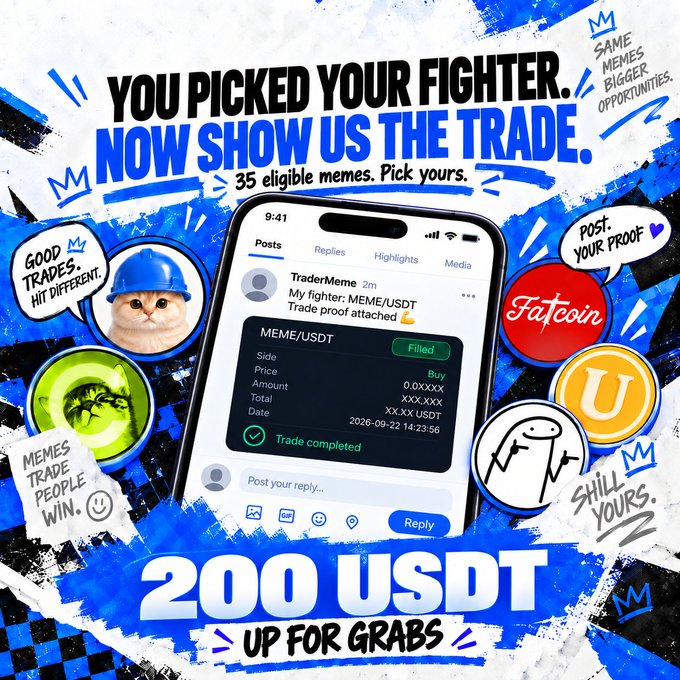 A promotional graphic for a meme trading competition featuring a smartphone displaying a social media trade proof, with text reading 'YOU PICKED YOUR FIGHTER. NOW SHOW US THE TRADE.', '35 eligible memes. Pick yours.', and '200 USDT UP FOR GRABS' alongside logos for Fatcoin, Uniswap, and a cat meme.