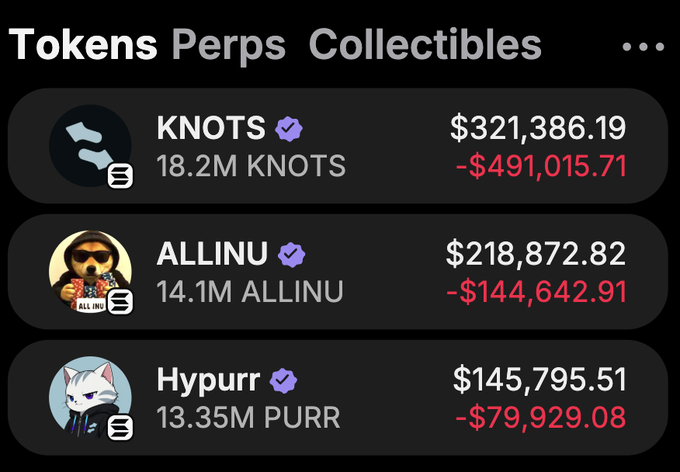 A screenshot of a crypto wallet's Tokens tab shows significant losses across three memecoins: KNOTS (18.2M) down $491,015.71, ALLINU (14.1M) down $144,642.91, and Hypurr (13.35M PURR) down $79,929.08, illustrating the contrast the post highlights between Bitcoin's surge to $87,000 and the declining value of these altcoins.