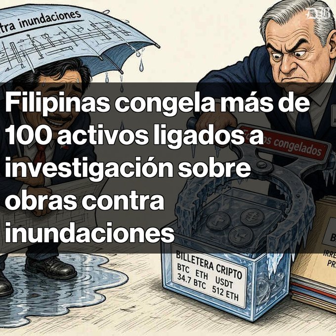 A Spanish-language political cartoon with overlay text reading 'Filipinas congela más de 100 activos ligados a investigación sobre obras contra inundaciones', depicting officials with a frozen crypto wallet labeled 'BILLETERA CRIPTO BTC ETH USDT'.