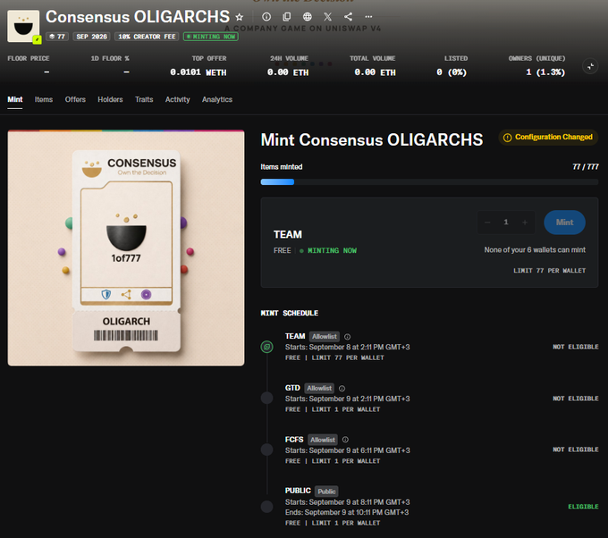 The image shows the OpenSea minting page for the "Consensus OLIGARCHS" NFT collection (a company game on Uniswap V4), with 77 total items, 0 minted so far, a 10% creator fee, and a mint price of 0.0101 ETH. The mint schedule reveals allowlist phases for TEAM, GTD, and FCFS tiers starting September 8, with a public mint opening September 9 at 8:11 PM GMT+3 marked as "ELIGIBLE." This aligns with the post highlighting it as one of the free/low-supply NFT mints worth watching that day.