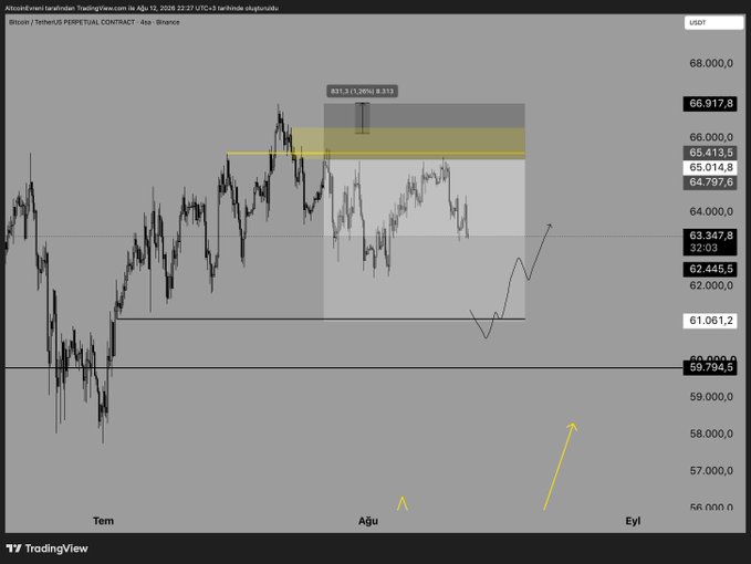 A TradingView chart of Bitcoin/TetherUS (BTCUSDT) Perpetual Contract on the 4-hour timeframe from Binance, dated August 12, 2026, showing price levels around 63,347-66,917 with yellow shaded resistance zones and directional arrows.