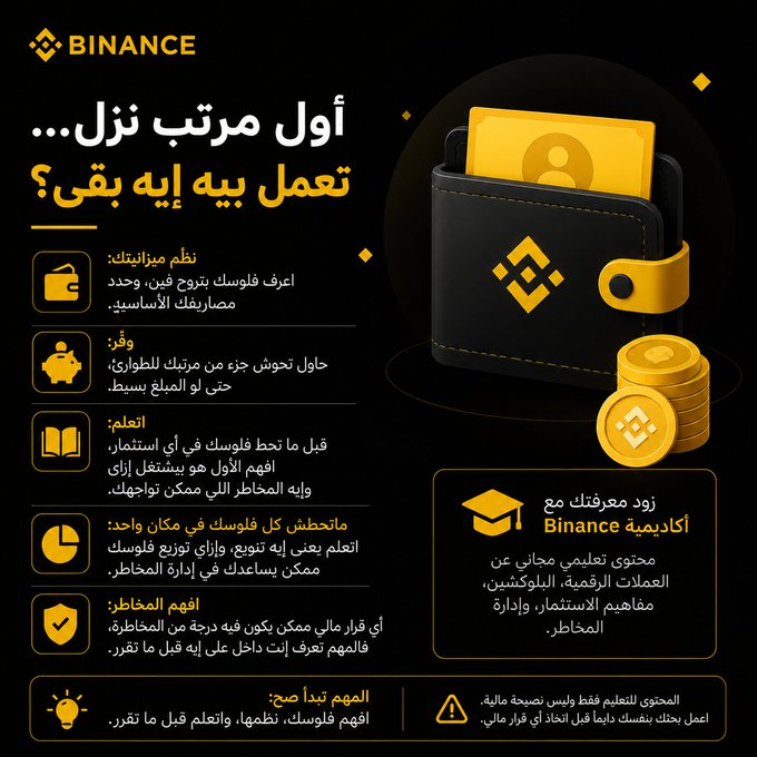 A Binance Arabic-language educational infographic titled 'أول مرتب نزّل... تعمل بيه إيه بقى؟' (First salary received... what do you do with it?) featuring a wallet with BNB coins, with sections on bills, saving, learning, consolidation, emergencies, and the importance of financial planning.