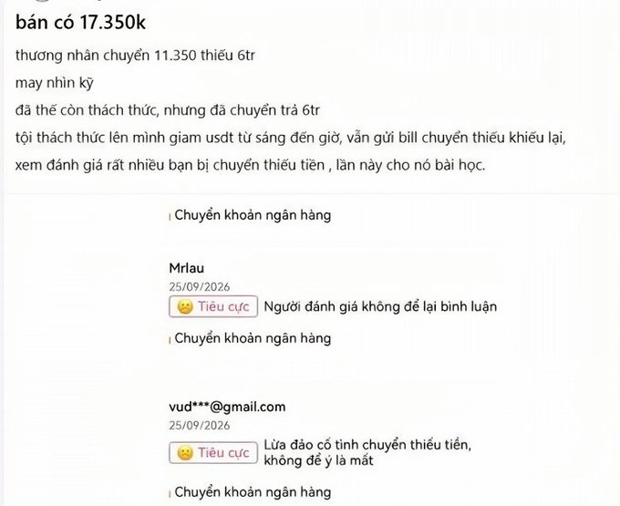 A Vietnamese-language online review warns about a scam involving 11.35 million USDT transferred and 6 trillion USDT demanded, with a negative comment calling it a deliberate money-transfer scam.