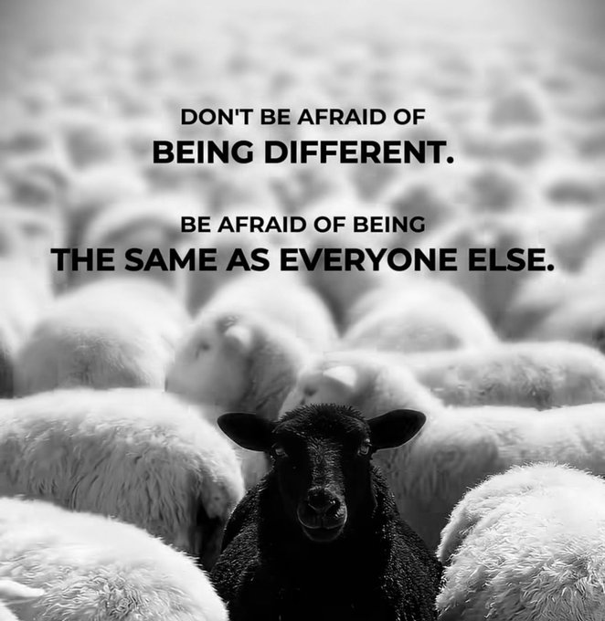 A black and white motivational image featuring a black sheep among a flock of white sheep, with text reading: 'DON'T BE AFRAID OF BEING DIFFERENT. BE AFRAID OF BEING THE SAME AS EVERYONE ELSE.'