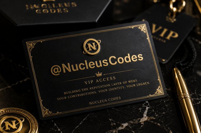 A luxury business card for '@NucleusCodes' featuring gold embossed details on black cardstock, labeled 'VIP ACCESS' with the tagline 'BUILDING THE REPUTATION LAYER OF WEB3,' displayed alongside a gold pen and coin.