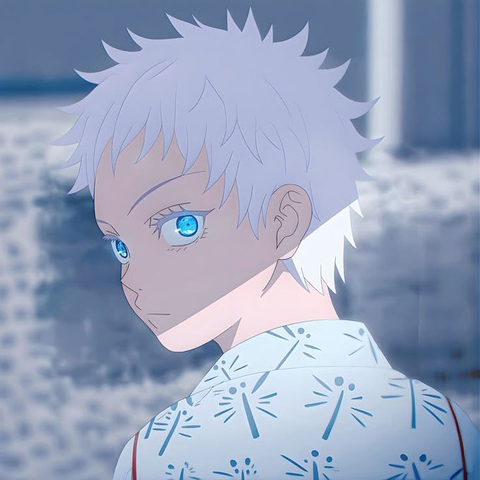 An anime-style illustration of a character with short, spiky white hair and bright blue eyes, wearing a white shirt patterned with dragonfly silhouettes.
