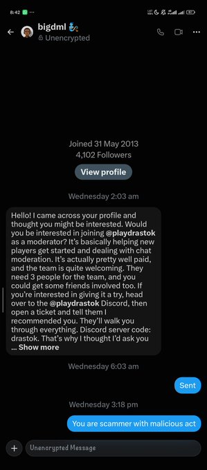 The image shows a Twitter DM from user "bigdml" with a recruitment message promoting "playdrastok" as a moderator job opportunity, including a Discord server link and a description of the platform as a chat moderation service. This relates to the post warning others that this message is a scam, as the sender allegedly used the Discord link and a downloaded app to hack the recipient's EVM and Solana crypto wallets.