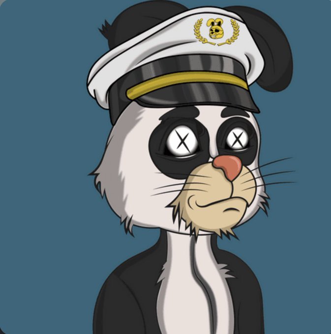 A cartoon illustration of a black and white panda character wearing a white captain's hat with a teddy bear emblem, featuring X-shaped pupils.