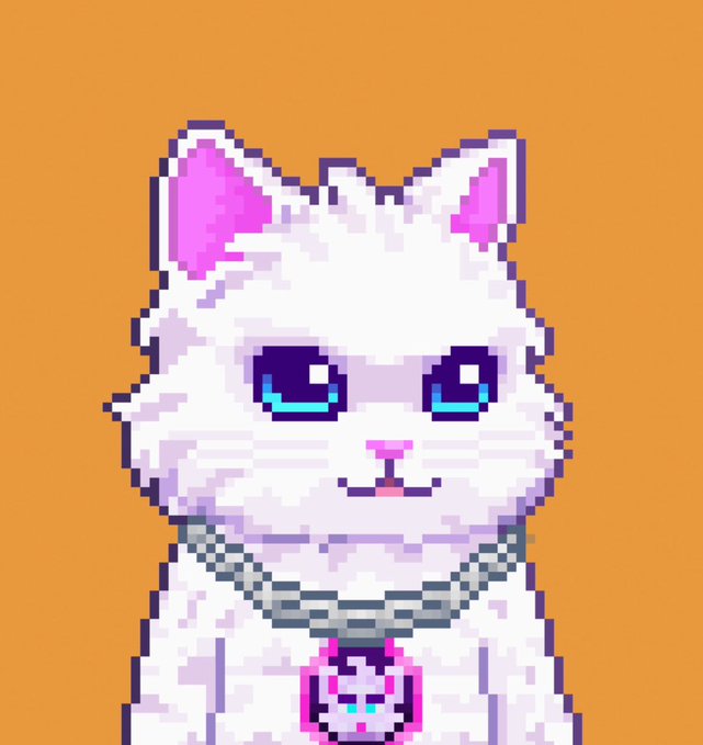 A pixel art illustration of a white cat with pink ears, large purple eyes, and a silver chain necklace with a purple pendant against an orange background.