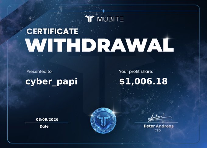 A Mubite certificate of withdrawal awarded to "cyber_papi" for a profit share of $1,006.18, signed by CEO Peter Andreas on 08/09/2026. The image illustrates one of the highlighted trader payouts from the post, showcasing proof of profits secured on the platform.