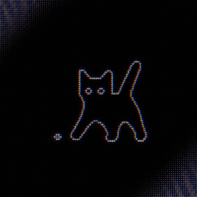 A neon-style digital outline of a cat made of colorful dots glows against a black background.
