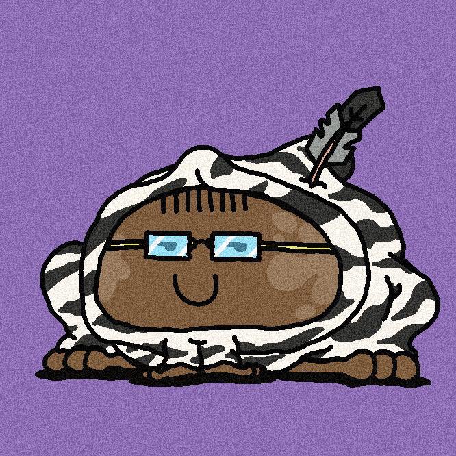 A cute cartoon illustration shows a smiling brown potato character wearing rectangular glasses, sitting on a wooden stool draped with a black and white zebra-print cloth, with a key sticking out of the top, all set against a purple background.