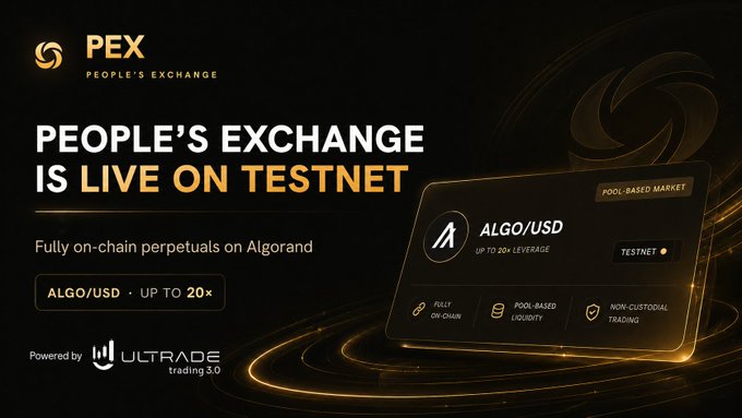 A promotional banner for People's Exchange (PEX) on testnet, advertising fully on-chain perpetuals on Algorand with ALGO/USD up to 20x leverage, powered by ULTRADE.