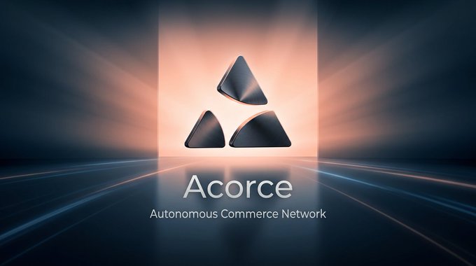 A promotional graphic for Acorce, featuring a triangular logo and the tagline 'Autonomous Commerce Network' displayed against a glowing, futuristic blue and orange background.