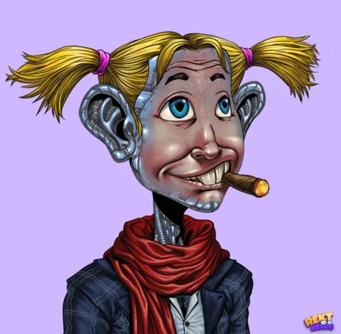 A digital illustration of a cyborg girl with blonde pigtails, exposed mechanical ears, a red scarf, and a cigar in her mouth, marked with 'REKT STUDIO' logo.