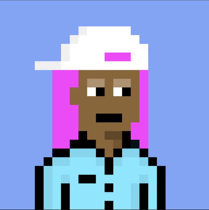 A low-resolution pixel art portrait of a person with brown skin, a white cap, and pink hair wearing a light blue hoodie against a blue background.