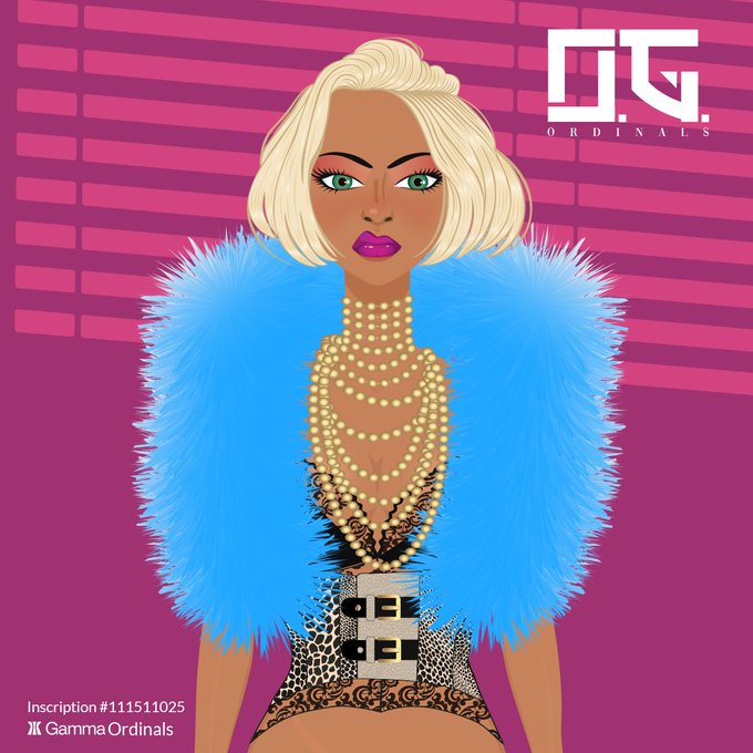 A stylized digital artwork of a blonde woman in a blue fur-trimmed coat and multiple pearl necklaces, with 'DG ORDINALS' and 'Inscription #111511025 / GammaOrdinals' text visible.