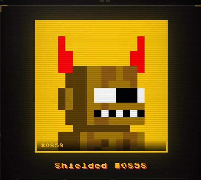 Pixel art character labeled 'Shielded #0855,' depicting a small horned creature with red horns and a metallic grille mouth on a yellow background.