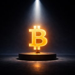 A luminous orange Bitcoin "₿" symbol stands illuminated on a dark circular pedestal beneath a spotlight, visually representing Bitcoin Core—the software referenced in the post about its upcoming 32.0 release-candidate testing.