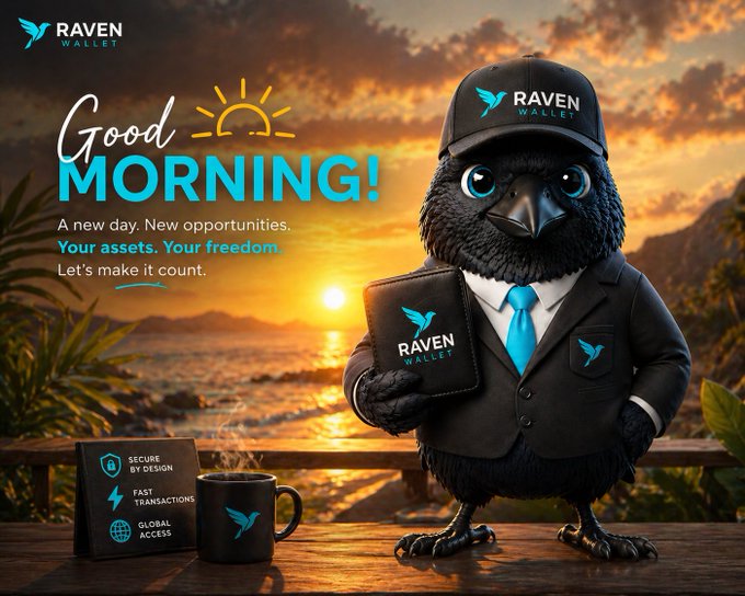 A promotional graphic for "RAVEN WALLET" featuring an anthropomorphic raven wearing a business suit and branded cap, holding a wallet, set against a sunrise beach backdrop, with text "Good MORNING! A new day. New opportunities. Your assets. Your freedom. Let's make it count." and features listed: SECURE BY DESIGN, FAST TRANSACTIONS, GLOBAL ACCESS.