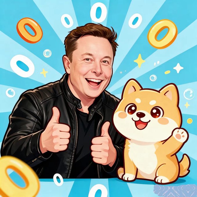 A colorful cartoon illustration of Elon Musk giving two thumbs up next to a smiling Shiba Inu dog, surrounded by floating golden tokens and sparkles on a blue background.