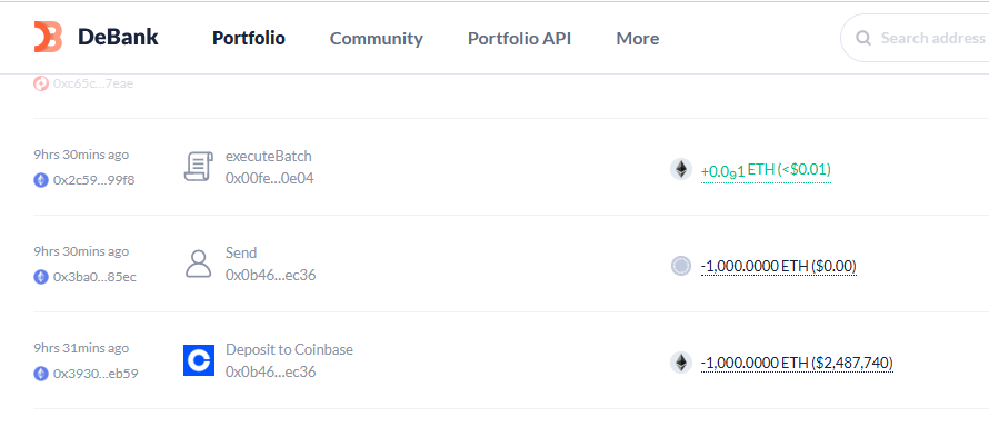 A screenshot from DeBank showing wallet transactions including an 'executeBatch', a 'Send' of 1,000 ETH, and a 'Deposit to Coinbase' of 1,000 ETH valued at $2,487,740.