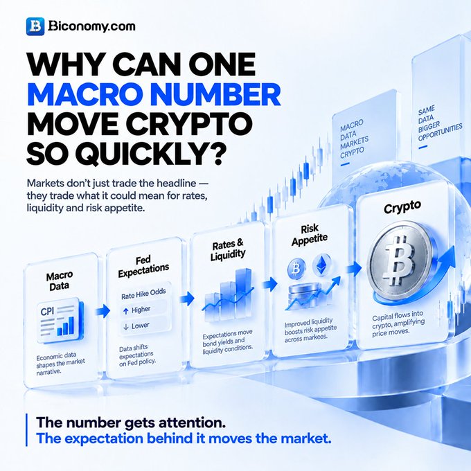 An infographic from Biconomy.com titled "WHY CAN ONE MACRO NUMBER MOVE CRYPTO SO QUICKLY?" illustrating the flow from Macro Data to Fed Expectations, Rates & Liquidity, Risk Appetite, and Crypto.